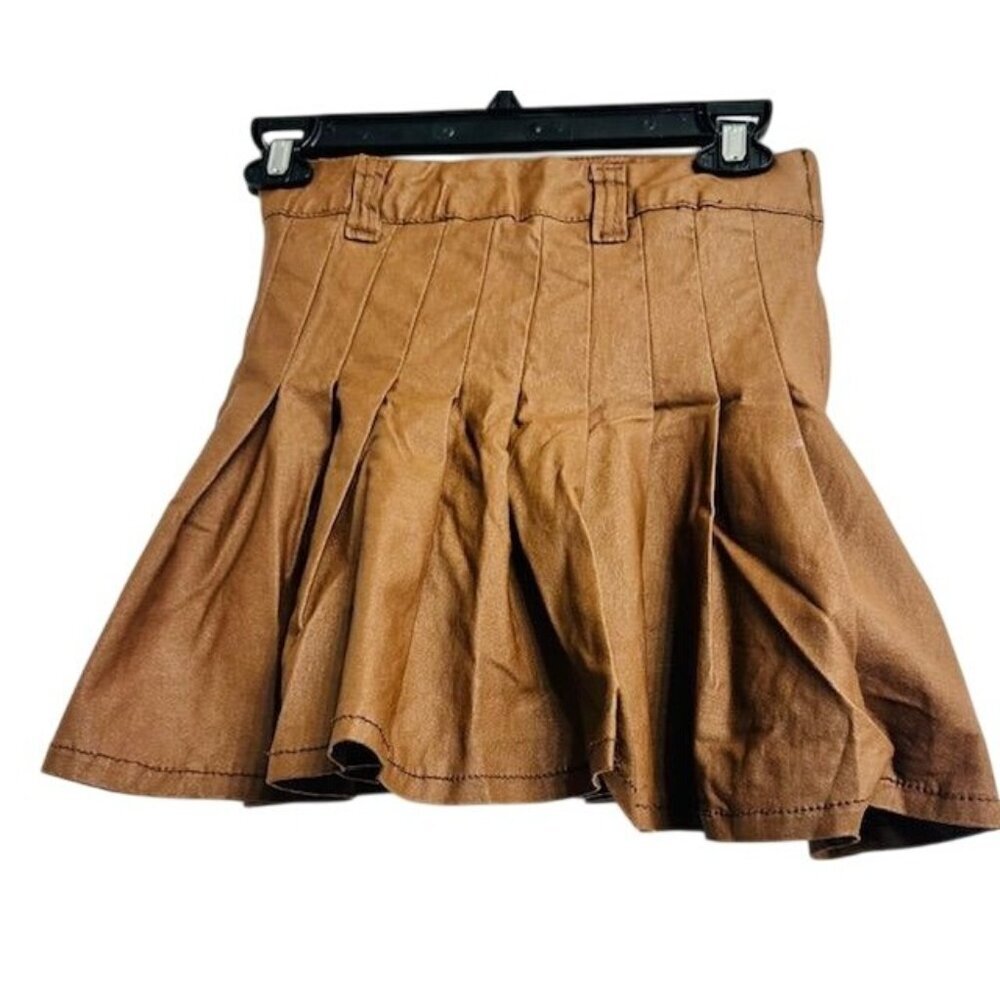 AKIRA Women Brown Chestnut Pleated Faux Leather Belted Waist Mini Skirt Medium